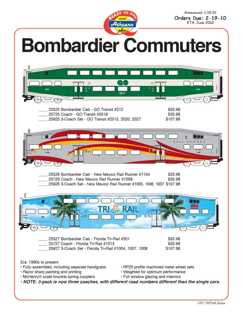 Athearn Announces More Bombardier Commuters in singles and 3-car sets.