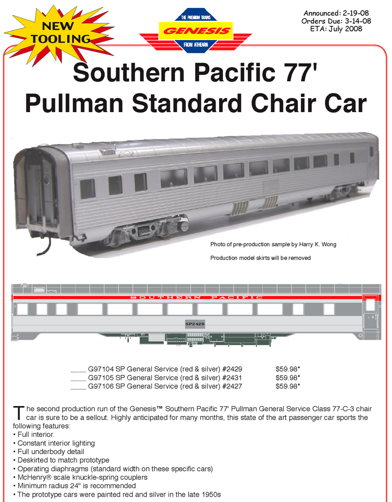 HO 77' Pullman Chair Car, SP 'The Challenger' #2429 Class 77
