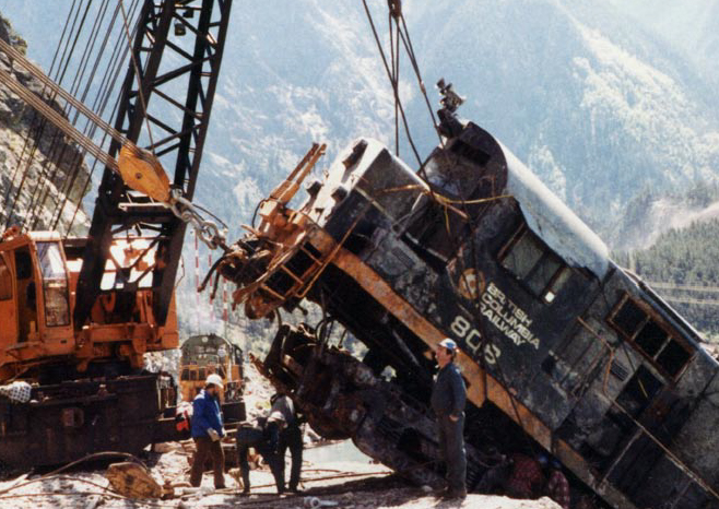 BC Rail 808 after hitting a landslide and plunging into Lake 
