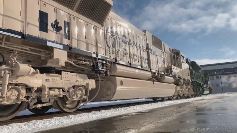 One of the five locomotives was painted to represent Afghanistan military operations. (Helen Pike/CBC)