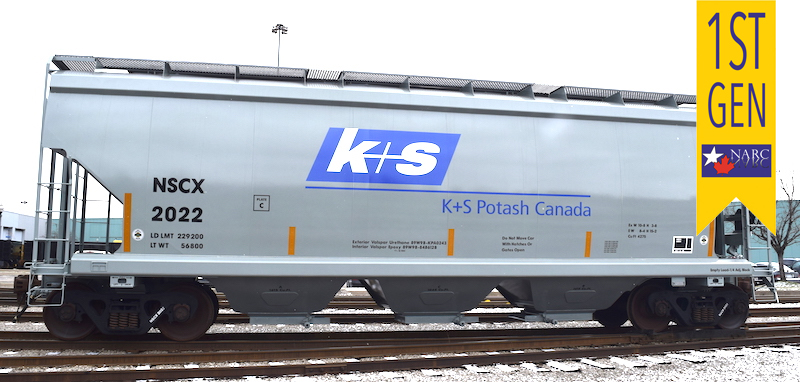 NARC - HO Scale - NSC Potash Service 4300 Cu. Ft. 3 Bay Covered Hopper - Version 4 - K+S Potash Canada (NSCX) (Light Gray with Blue Logo/White Lettering, Yellow Visibility Stripes) single car (Special Car)