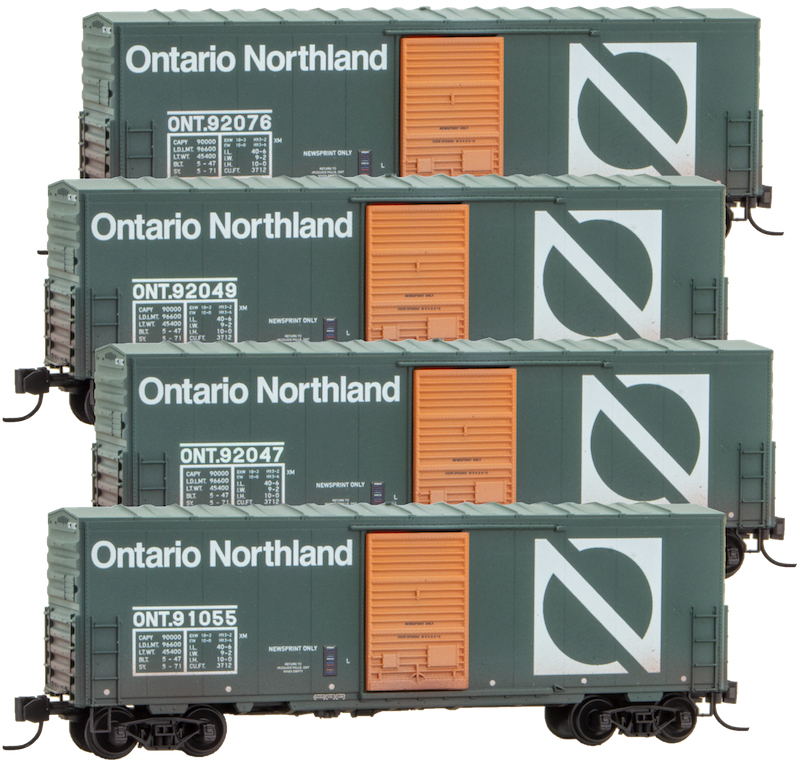 Four car set of Ontario Northland Canadian Newsprint Service 40ft Boxcars