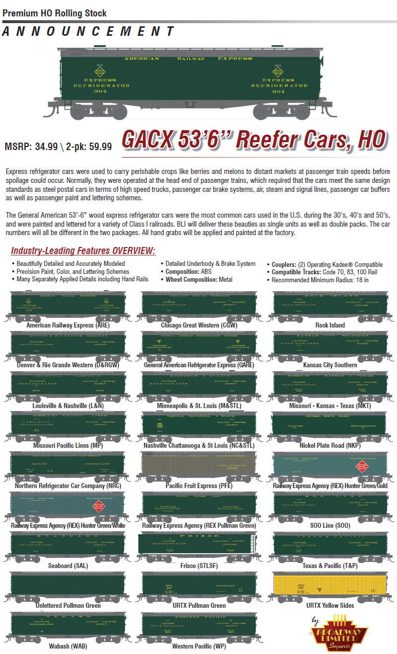 URTX #3007 Item #BLI1845 HO Broadway Limited GACX 53/'6/" Wood Express Reefer