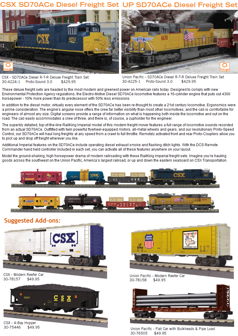  ALERT - MTH RailKing O Scale SD70ACe Deluxe Freight Train Sets